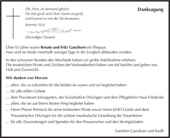 Traueranzeige von Renate Ganzhorn von Leonberger Kreiszeitung / Strohgäu Extra