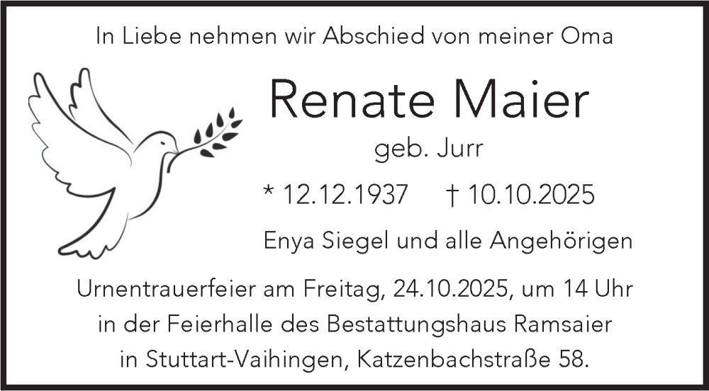  Traueranzeige für Renate Maier vom 17.10.2025 aus Eßlinger Zeitung