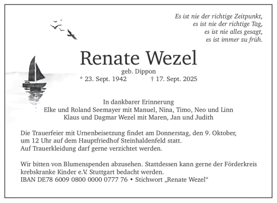 Traueranzeige von Renate Wezel von Stuttgarter Zeitung / Stuttgarter Nachrichten