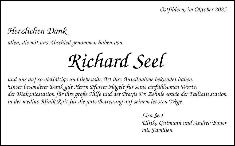  Traueranzeige für Richard Seel vom 25.10.2025 aus Eßlinger Zeitung