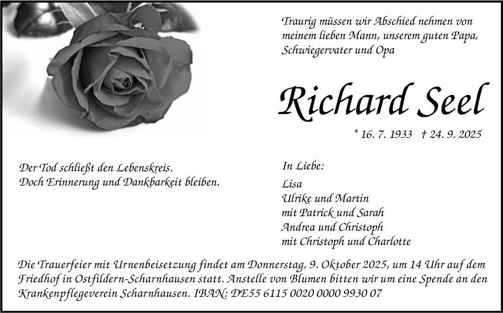  Traueranzeige für Richard Seel vom 04.10.2025 aus Eßlinger Zeitung
