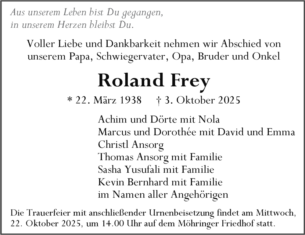  Traueranzeige für Roland Frey vom 11.10.2025 aus Stuttgarter Zeitung / Stuttgarter Nachrichten