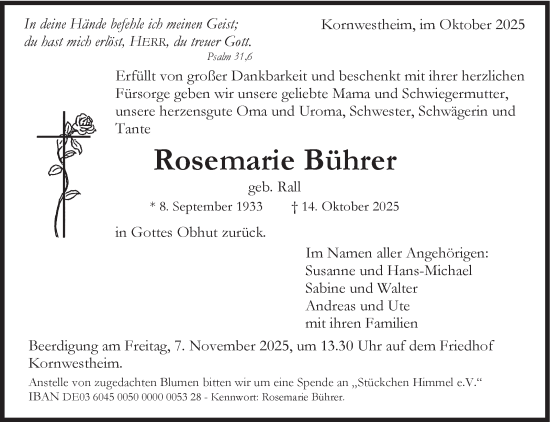 Traueranzeige von Rosemarie Bührer von Marbacher Zeitung