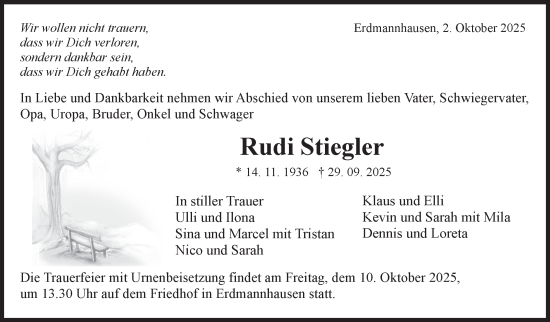 Traueranzeige von Rudi Stiegler von Marbacher Zeitung
