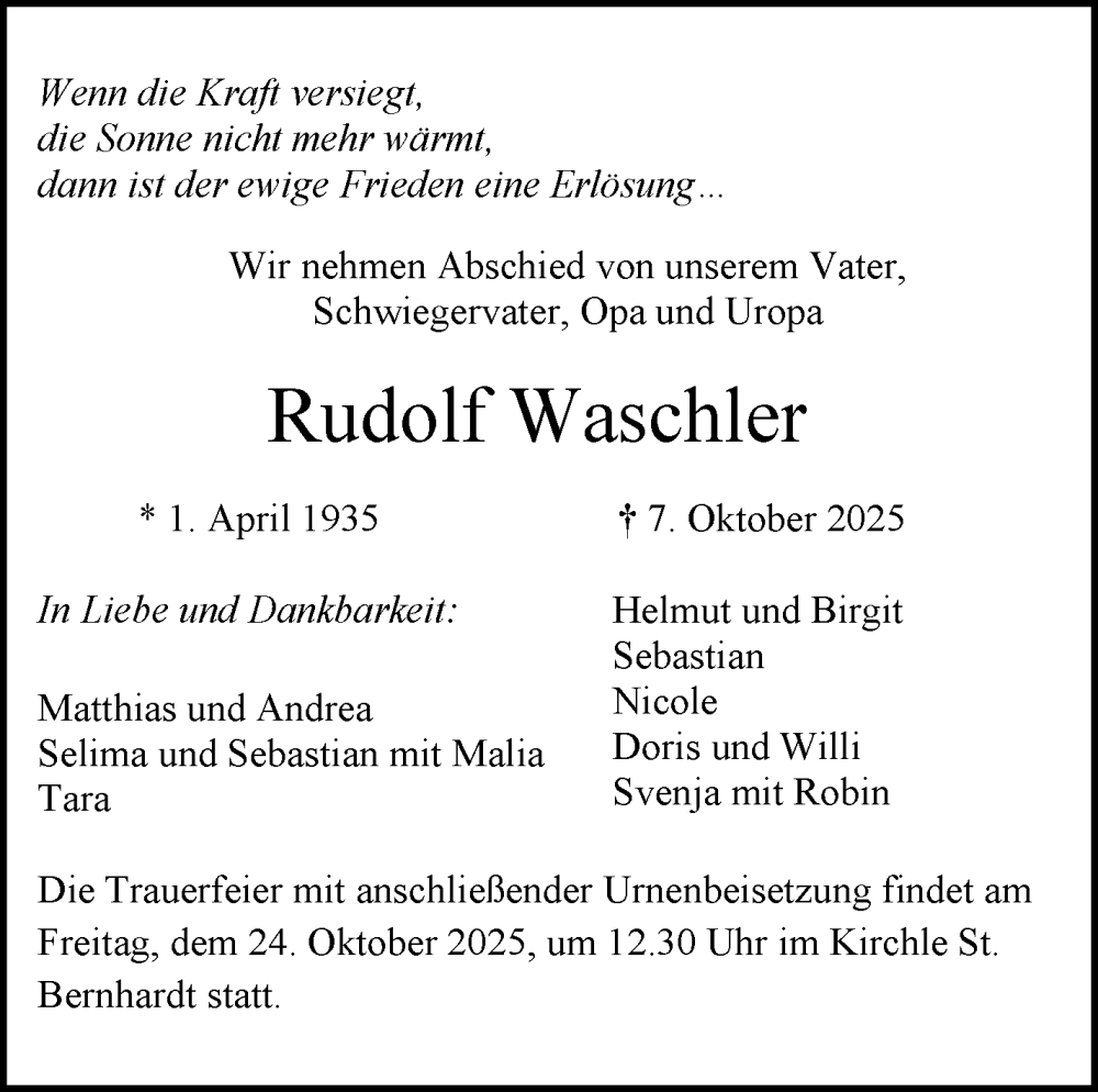  Traueranzeige für Rudolf Waschler vom 15.10.2025 aus Eßlinger Zeitung