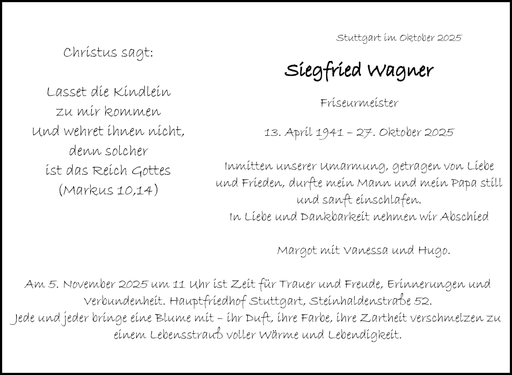  Traueranzeige für Siegfried Wagner vom 31.10.2025 aus Stuttgarter Zeitung / Stuttgarter Nachrichten