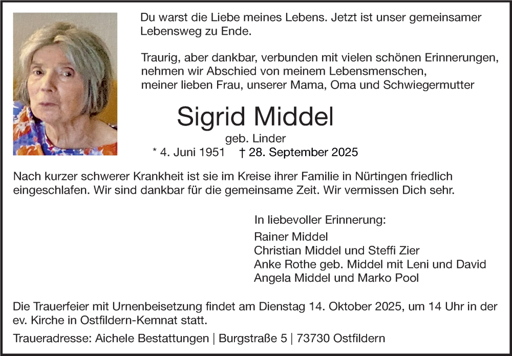  Traueranzeige für Sigrid Middel vom 04.10.2025 aus Eßlinger Zeitung