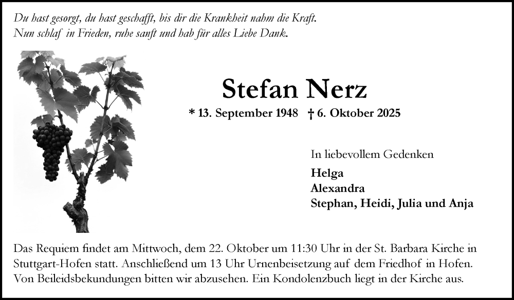  Traueranzeige für Stefan Nerz vom 18.10.2025 aus Stuttgarter Zeitung / Stuttgarter Nachrichten