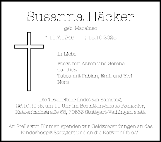 Traueranzeige von Susanna Häcker von Stuttgarter Zeitung / Stuttgarter Nachrichten