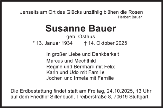 Traueranzeige von Susanne Bauer von Stuttgarter Zeitung / Stuttgarter Nachrichten