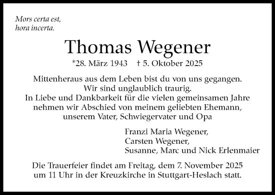 Traueranzeige von Thomas Wegener von Stuttgarter Zeitung / Stuttgarter Nachrichten