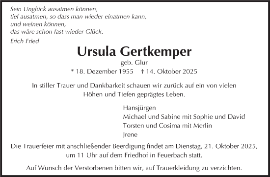 Traueranzeige von Ursula Gertkemper von Stuttgarter Zeitung / Stuttgarter Nachrichten