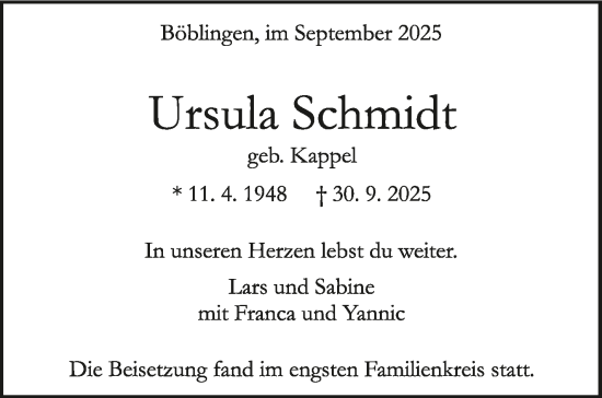 Traueranzeige von Ursula Schmidt von Kreiszeitung Böblinger Bote