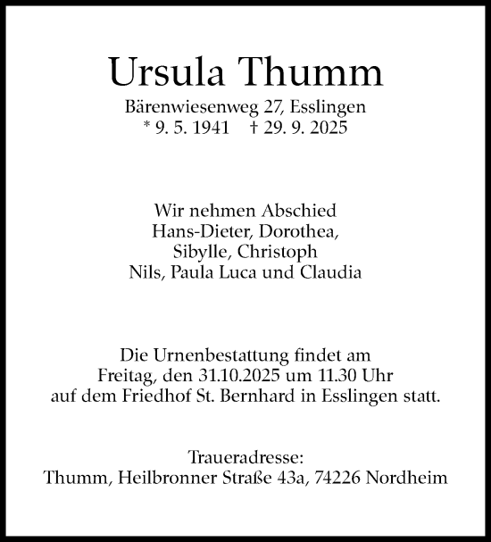 Traueranzeige von Ursula Thumm von Eßlinger Zeitung