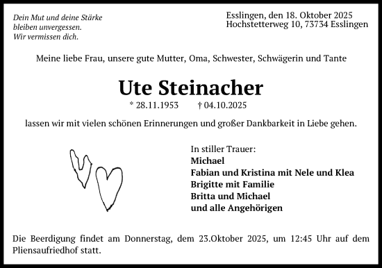 Traueranzeige von Ute Steinacher von Eßlinger Zeitung