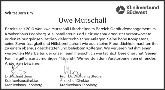 Traueranzeige von Uwe Mutschall von Leonberger Kreiszeitung / Strohgäu Extra