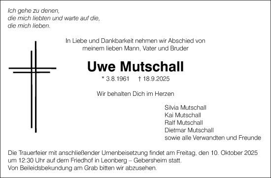 Traueranzeige von Uwe Mutschall von Leonberger Kreiszeitung / Strohgäu Extra