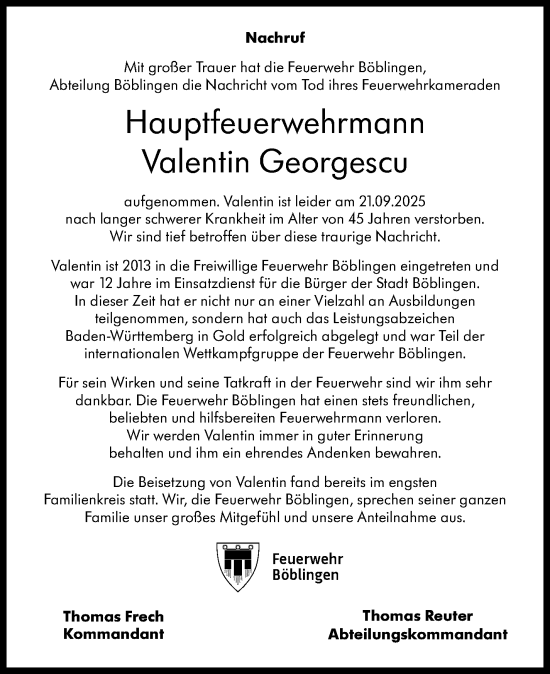 Traueranzeige von Valentin Georgescu von Kreiszeitung Böblinger Bote