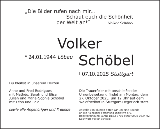 Traueranzeige von Volker Schöbel von Stuttgarter Zeitung / Stuttgarter Nachrichten