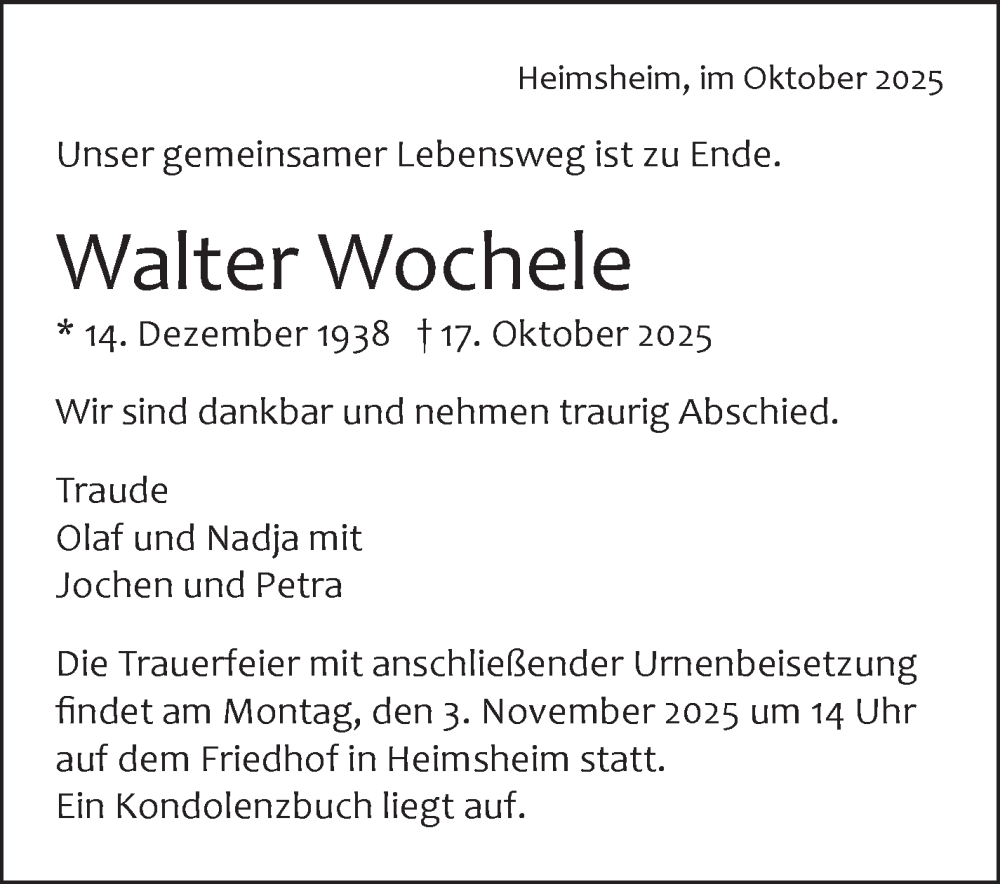  Traueranzeige für Walter Wochele vom 30.10.2025 aus Leonberger Kreiszeitung / Strohgäu Extra