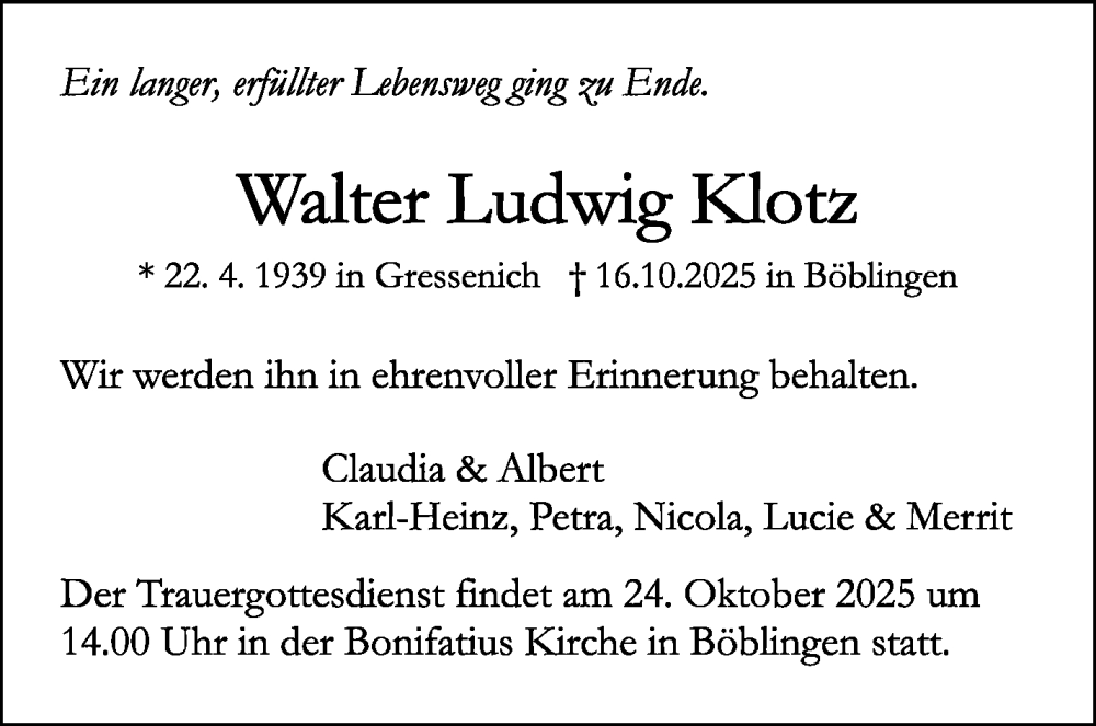  Traueranzeige für Walter Ludwig Klotz vom 22.10.2025 aus Kreiszeitung Böblinger Bote