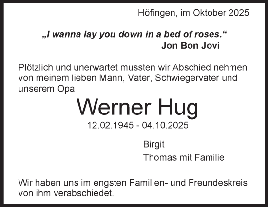 Traueranzeige von Werner Hug von Leonberger Kreiszeitung / Strohgäu Extra