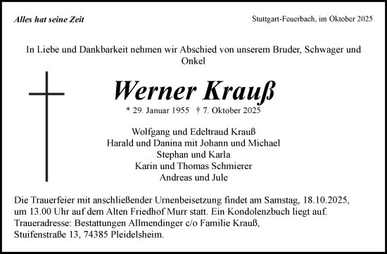 Traueranzeige von Werner Krauß von Marbacher Zeitung