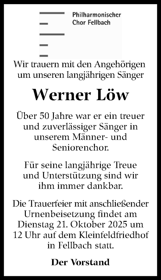 Traueranzeige von Werner Löw von Stuttgarter Zeitung / Stuttgarter Nachrichten