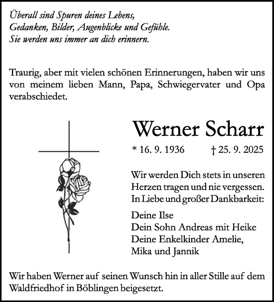 Traueranzeige von Werner Scharr von Kreiszeitung Böblinger Bote