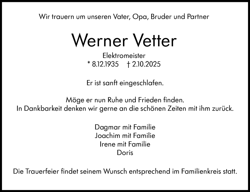  Traueranzeige für Werner Vetter vom 08.10.2025 aus Eßlinger Zeitung