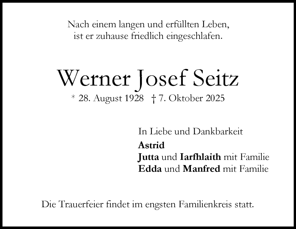  Traueranzeige für Werner Josef Seitz vom 25.10.2025 aus Stuttgarter Zeitung / Stuttgarter Nachrichten