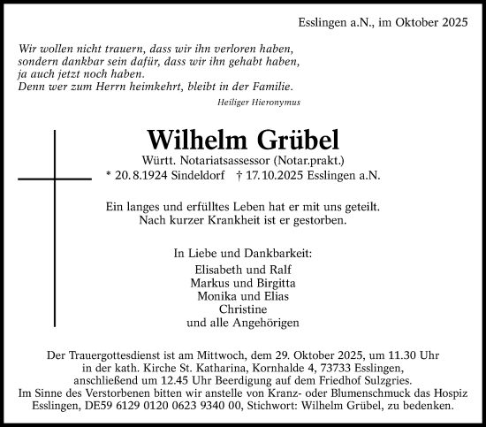 Traueranzeige von Wilhelm Grübel von Eßlinger Zeitung