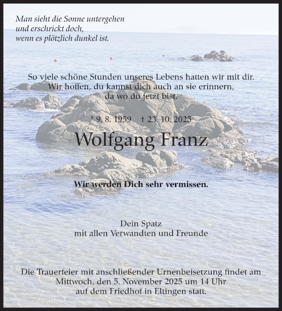 Traueranzeige von Wolfgang Franz von Leonberger Kreiszeitung / Strohgäu Extra