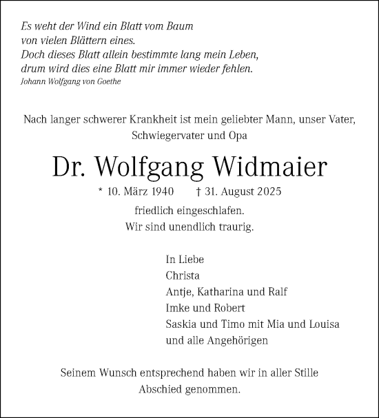 Traueranzeige von Wolfgang Widmaier von Stuttgarter Zeitung / Stuttgarter Nachrichten