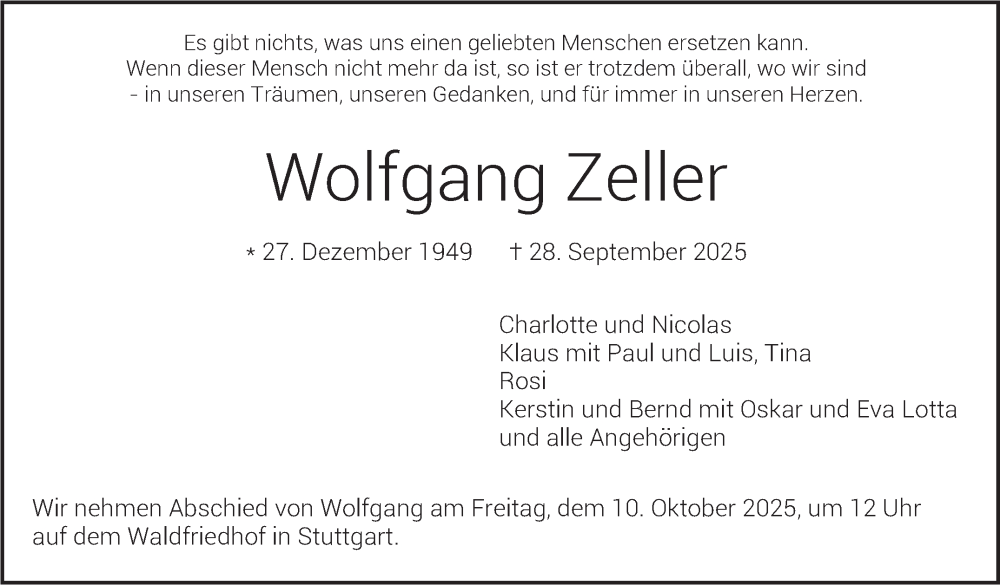  Traueranzeige für Wolfgang Zeller vom 04.10.2025 aus Stuttgarter Zeitung / Stuttgarter Nachrichten