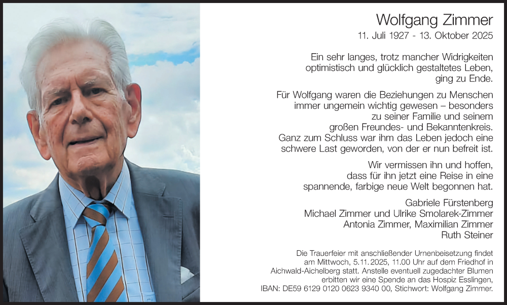  Traueranzeige für Wolfgang Zimmer vom 25.10.2025 aus Eßlinger Zeitung