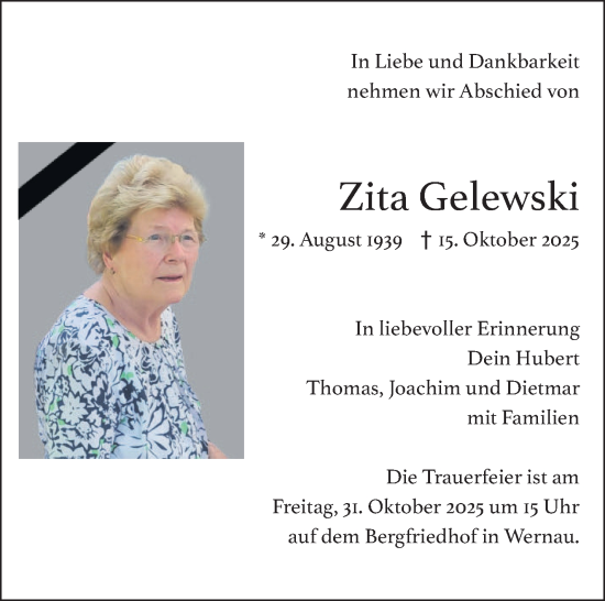 Traueranzeige von Zita Gelewski von Eßlinger Zeitung