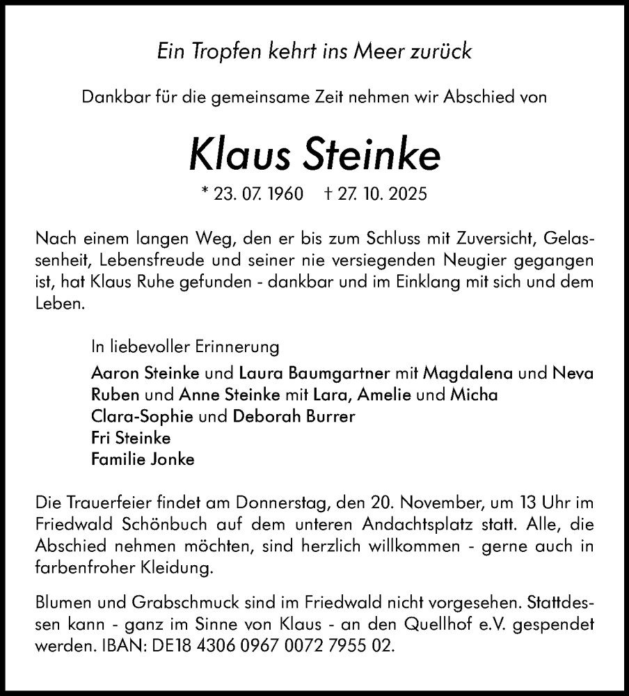  Traueranzeige für Klaus Steinke vom 14.11.2025 aus Stuttgarter Zeitung / Stuttgarter Nachrichten
