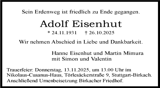 Traueranzeige von Adolf Eisenhut von Stuttgarter Zeitung / Stuttgarter Nachrichten