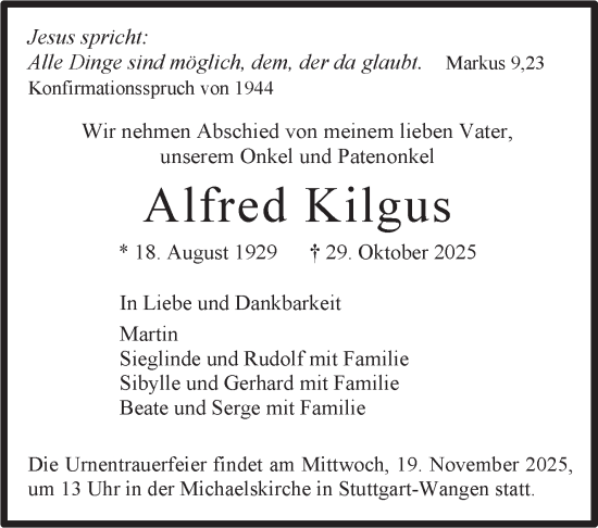 Traueranzeige von Alfred Kilgus von Stuttgarter Zeitung / Stuttgarter Nachrichten