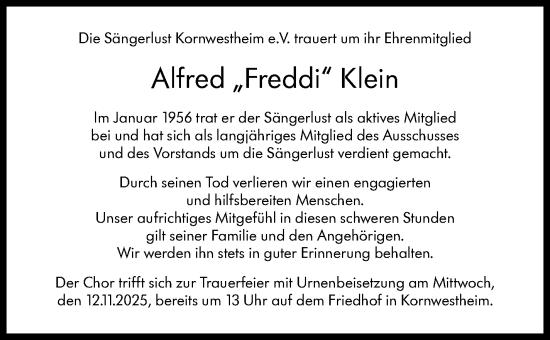 Traueranzeige von Alfred Klein von Marbacher Zeitung