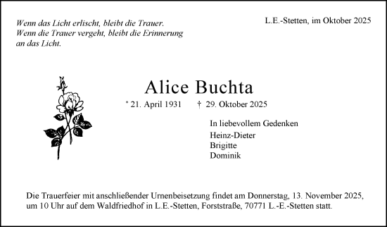 Traueranzeige von Alice Buchta von Eßlinger Zeitung