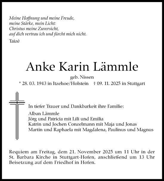 Traueranzeige von Anke Karin Lämmle von Stuttgarter Zeitung / Stuttgarter Nachrichten