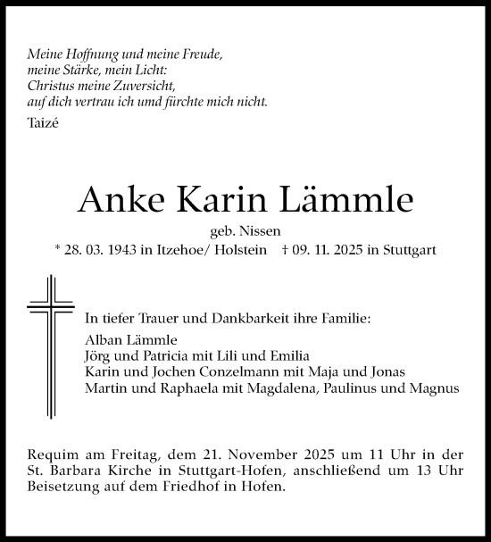 Traueranzeige von Anke Karin Lämmle von Stuttgarter Zeitung / Stuttgarter Nachrichten