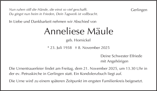 Traueranzeige von Anneliese Mäule von Stuttgarter Zeitung / Stuttgarter Nachrichten