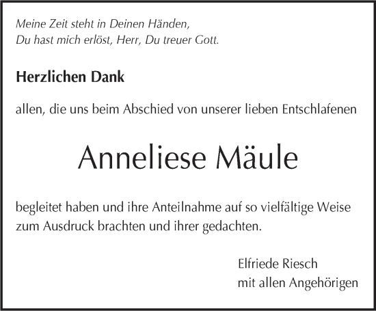 Traueranzeige von Anneliese Mäule von Stuttgarter Zeitung / Stuttgarter Nachrichten