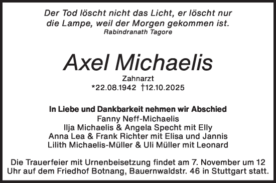 Traueranzeige von Axel Michaelis von Stuttgarter Zeitung / Stuttgarter Nachrichten
