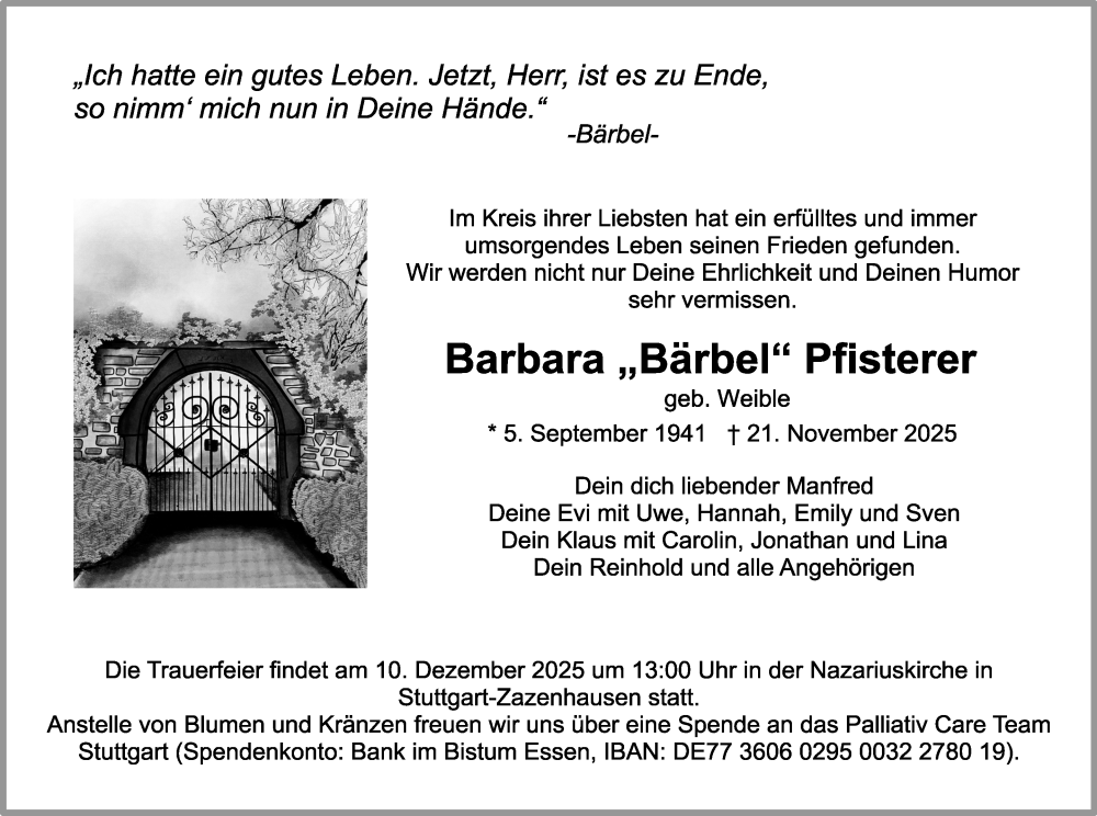  Traueranzeige für Barbara Pfisterer vom 29.11.2025 aus Stuttgarter Zeitung / Stuttgarter Nachrichten