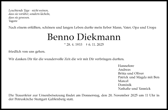 Traueranzeige von Benno Diekmann von Stuttgarter Zeitung / Stuttgarter Nachrichten