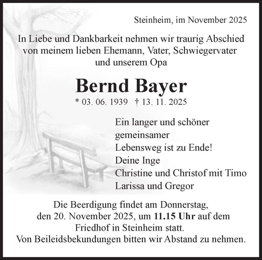 Traueranzeige für Bernd Bayer vom 17.11.2025 aus Marbacher Zeitung